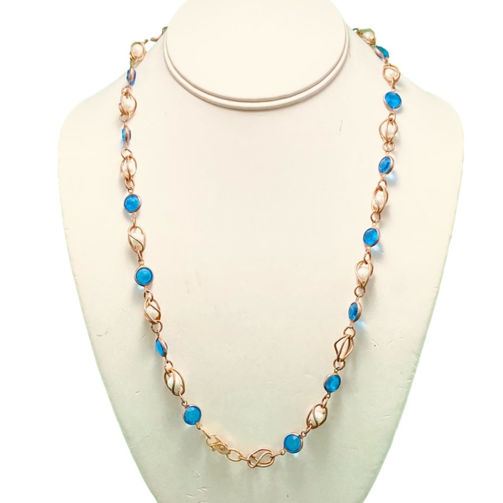 Swarovski Crystal Necklace blue bezel set crystals & caged pearls lobster clasp